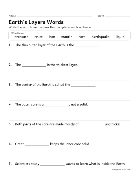 Preview of the printable “Layers of the earth fill in the blank worksheet” worksheet: using vocabulary about the Earth's layers in context
