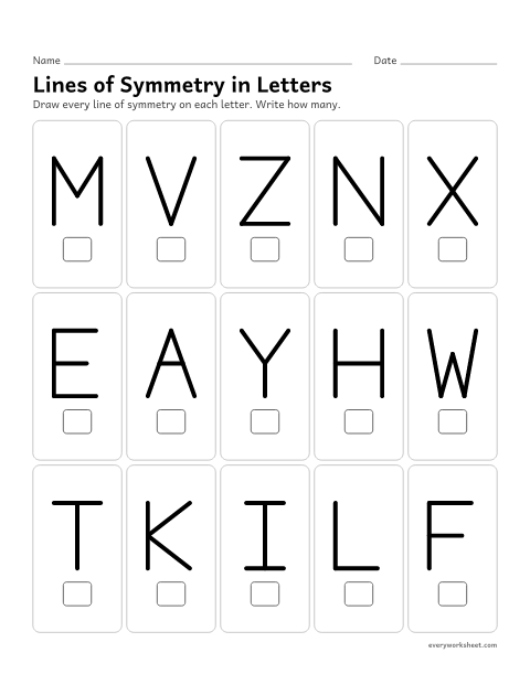 Preview of the printable “Lines of symmetry in letters” worksheet: drawing lines of symmetry on capital letters and finding letters with none, one or two