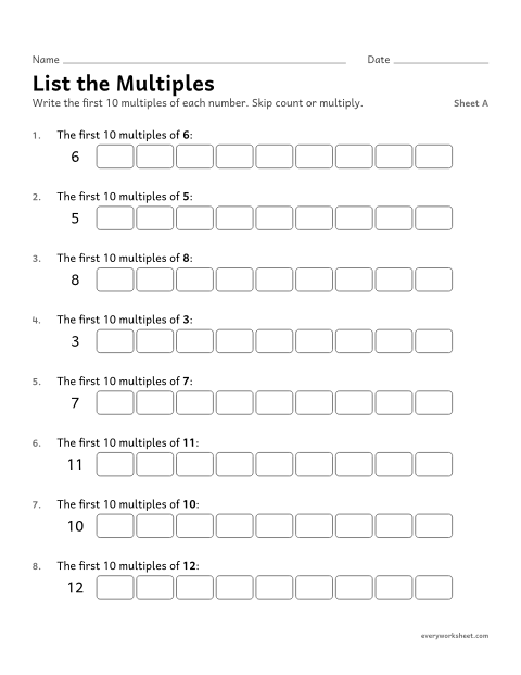 Preview of the printable “List the Multiples, sheet A” worksheet: listing multiples of a number