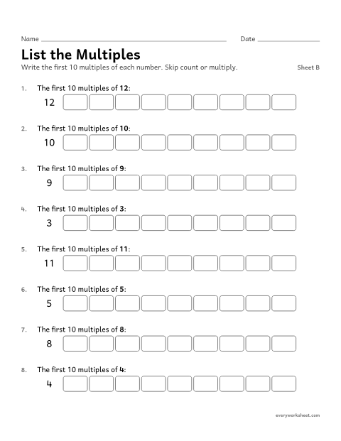 Preview of the printable “List the Multiples, sheet B” worksheet: listing multiples of a number