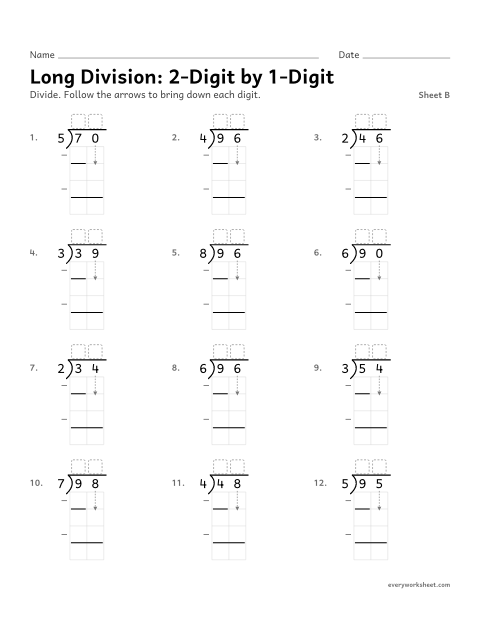 Preview of the printable “Long Division: 2-Digit by 1-Digit, sheet B” worksheet: dividing a 2-digit number by a 1-digit number
