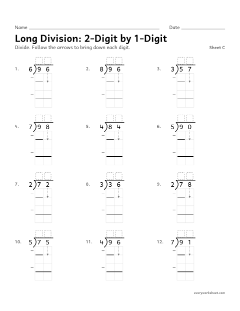 Preview of the printable “Long Division: 2-Digit by 1-Digit, sheet C” worksheet: dividing a 2-digit number by a 1-digit number
