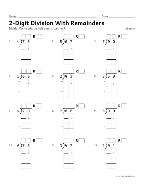 Preview of the printable “2-Digit division with Remainders, sheet A” worksheet: dividing a 2-digit number by a 1-digit number with a remainder