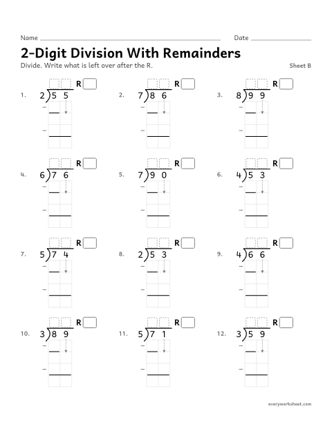 Preview of the printable “2-Digit division with Remainders, sheet B” worksheet: dividing a 2-digit number by a 1-digit number with a remainder