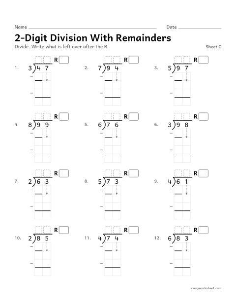 Preview of the printable “2-Digit division with Remainders, sheet C” worksheet: dividing a 2-digit number by a 1-digit number with a remainder