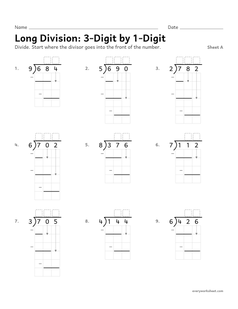 Preview of the printable “Long Division: 3-Digit by 1-Digit, sheet A” worksheet: dividing a 3-digit number by a 1-digit number
