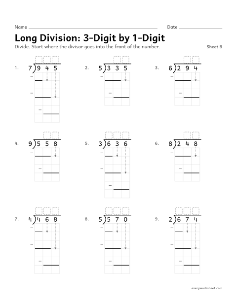 Preview of the printable “Long Division: 3-Digit by 1-Digit, sheet B” worksheet: dividing a 3-digit number by a 1-digit number