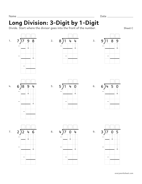 Preview of the printable “Long Division: 3-Digit by 1-Digit, sheet C” worksheet: dividing a 3-digit number by a 1-digit number