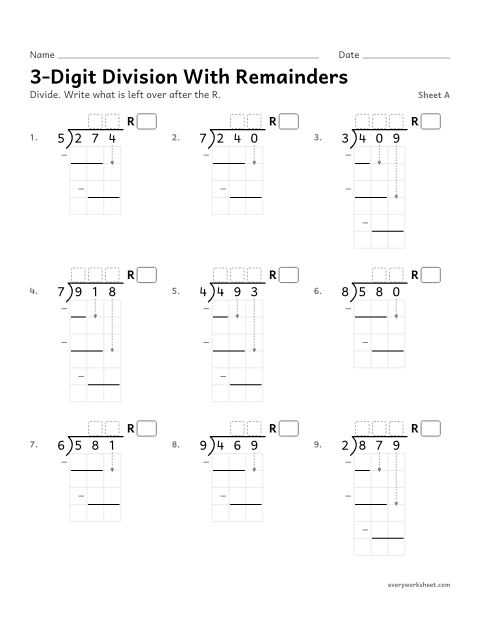 Preview of the printable “3-Digit division with Remainders, sheet A” worksheet: dividing a 3-digit number by a 1-digit number with a remainder