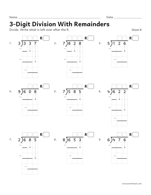 Preview of the printable “3-Digit division with Remainders, sheet B” worksheet: dividing a 3-digit number by a 1-digit number with a remainder