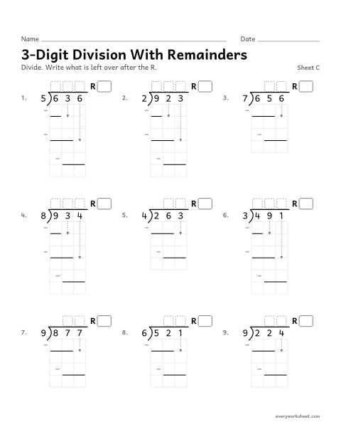 Preview of the printable “3-Digit division with Remainders, sheet C” worksheet: dividing a 3-digit number by a 1-digit number with a remainder