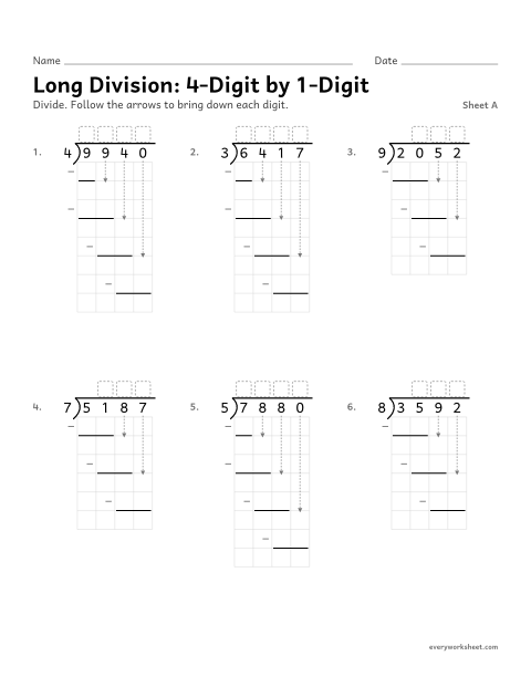 Preview of the printable “Long Division: 4-Digit by 1-Digit, sheet A” worksheet: dividing a 4-digit number by a 1-digit number