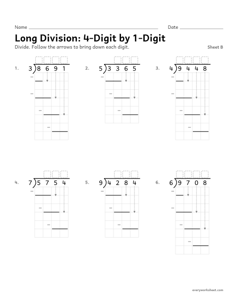 Preview of the printable “Long Division: 4-Digit by 1-Digit, sheet B” worksheet: dividing a 4-digit number by a 1-digit number