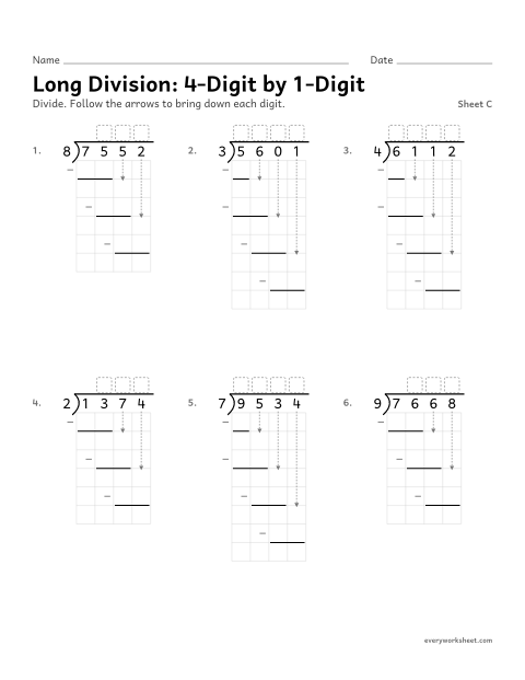 Preview of the printable “Long Division: 4-Digit by 1-Digit, sheet C” worksheet: dividing a 4-digit number by a 1-digit number