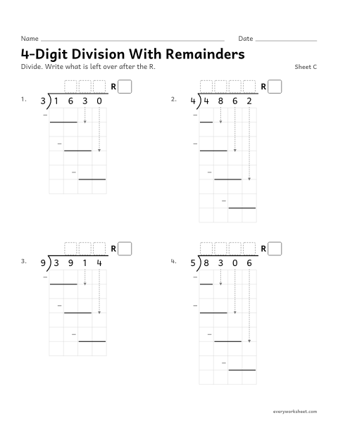 Preview of the printable “4-Digit division with Remainders, sheet C” worksheet: dividing a 4-digit number by a 1-digit number with a remainder