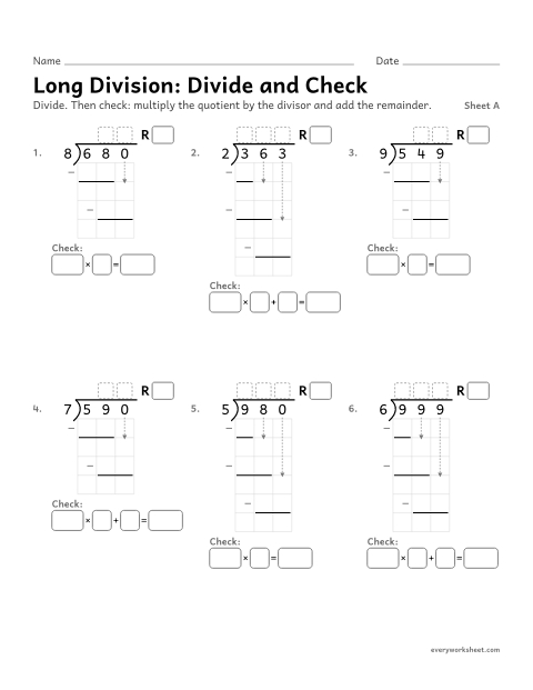 Preview of the printable “Long Division: divide and Check, sheet A” worksheet: checking long division with multiplication