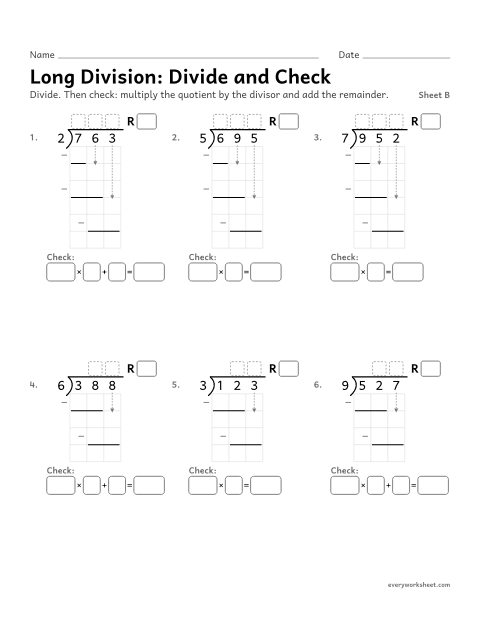 Preview of the printable “Long Division: divide and Check, sheet B” worksheet: checking long division with multiplication