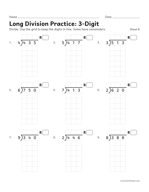 Preview of the printable “Long division Practice: 3-Digit, sheet B” worksheet: long division practice with 3-digit dividends