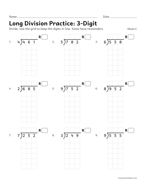 Preview of the printable “Long division Practice: 3-Digit, sheet C” worksheet: long division practice with 3-digit dividends