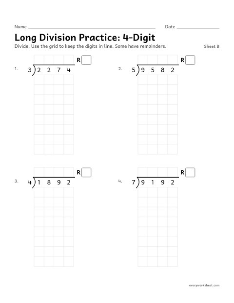 Preview of the printable “Long division Practice: 4-Digit, sheet B” worksheet: long division practice with 4-digit dividends