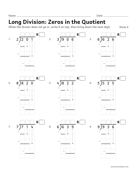 Preview of the printable “Long Division: zeros in the Quotient, sheet A” worksheet: long division with a zero in the quotient