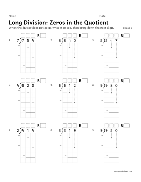 Preview of the printable “Long Division: zeros in the Quotient, sheet B” worksheet: long division with a zero in the quotient