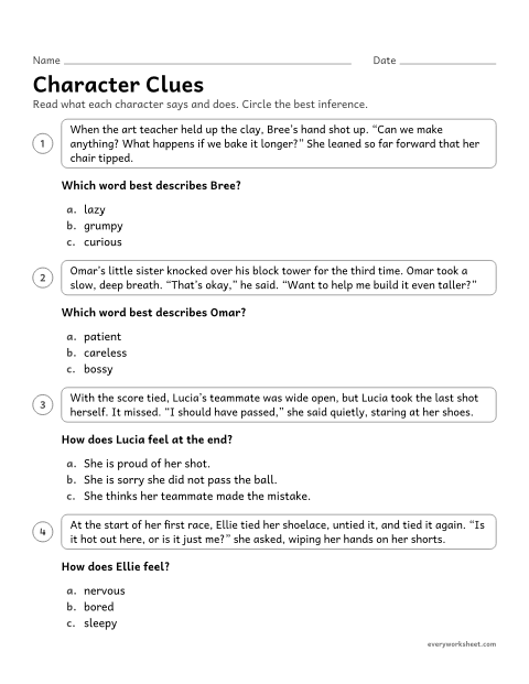 Preview of the printable “Character clues” worksheet: inferring a character's traits and feelings from dialogue and actions