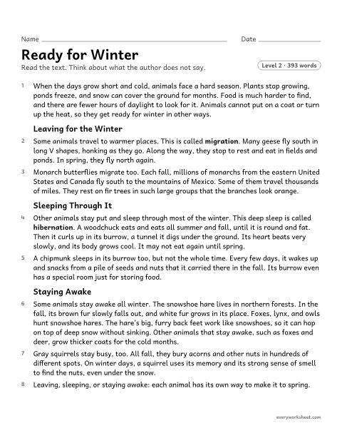 Preview of the printable “Ready for winter” worksheet: using details in a science text to explain what it says directly and to draw inferences