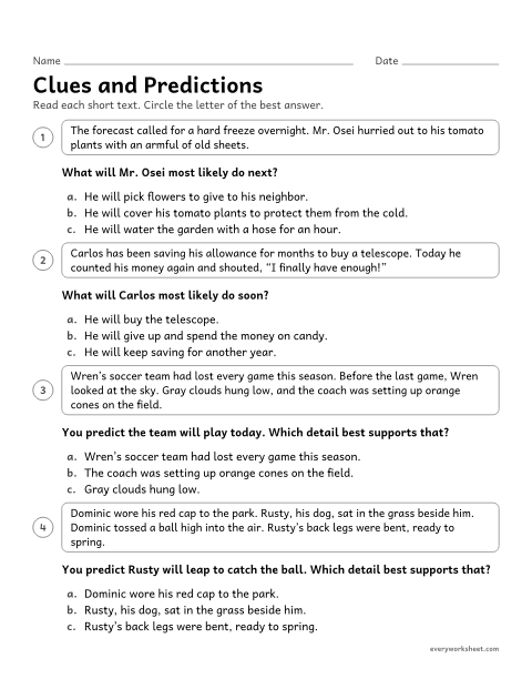 Preview of the printable “Clues and predictions” worksheet: choosing the prediction best supported by details, and the detail that best supports a prediction