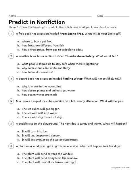 Preview of the printable “Predict in nonfiction” worksheet: predicting what a nonfiction section will tell from its heading, and what will happen in a simple science situation