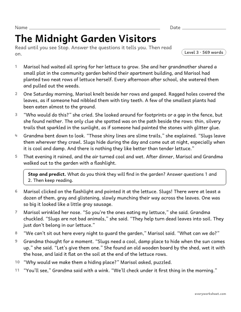 Preview of the printable “Stop and Predict: the midnight garden visitors” worksheet: making predictions with details at two stopping points, then checking them against the story