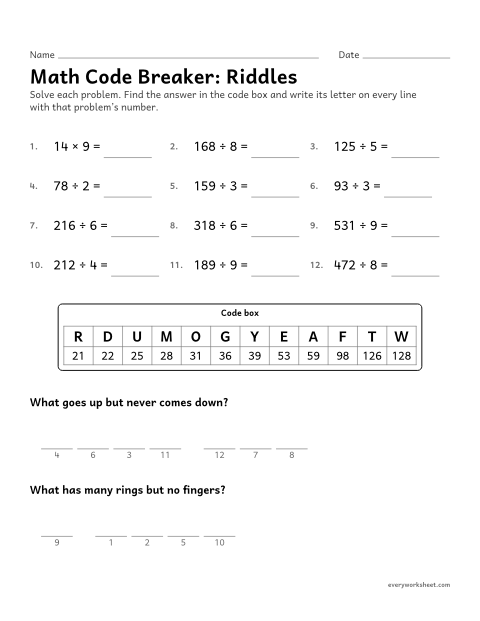 Preview of the printable “Math code Breaker: riddles” worksheet: solving multi-digit multiplication and division to decode two riddle answers