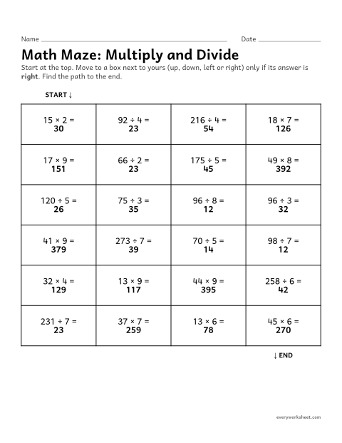 Preview of the printable “Math Maze: multiply and divide” worksheet: checking multi-digit multiplication and division to find the path through a maze