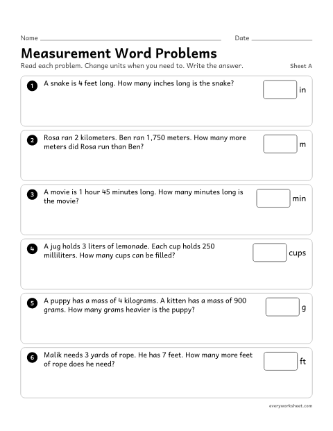 Preview of the printable “Measurement word Problems, sheet A” worksheet: solving word problems about length, time, liquid volume and mass that need a change to the smaller unit