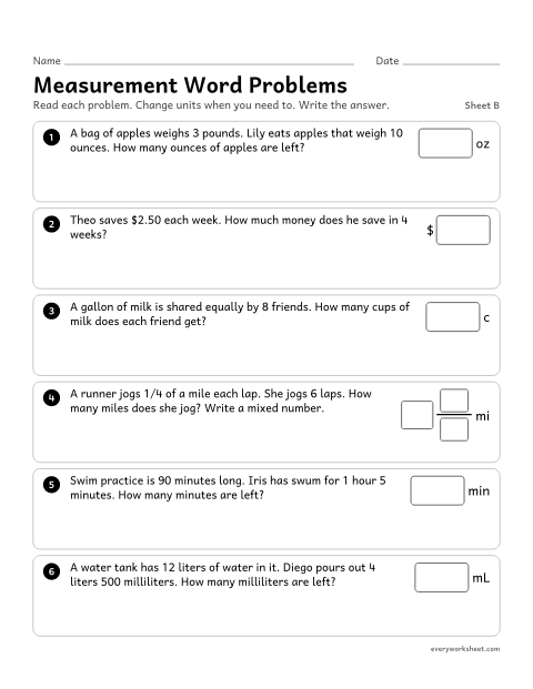 Preview of the printable “Measurement word Problems, sheet B” worksheet: solving word problems with money, weight, capacity and time, including simple fractions and decimals