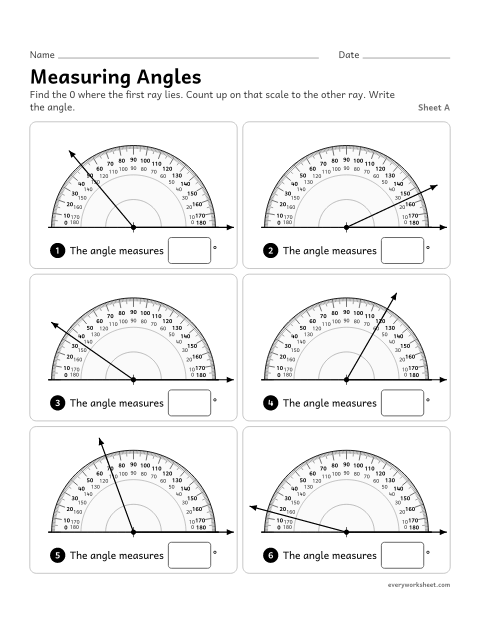 Preview of the printable “Measuring Angles, sheet A” worksheet: reading a protractor on angles that start at 0 on the right, in steps of 5 degrees
