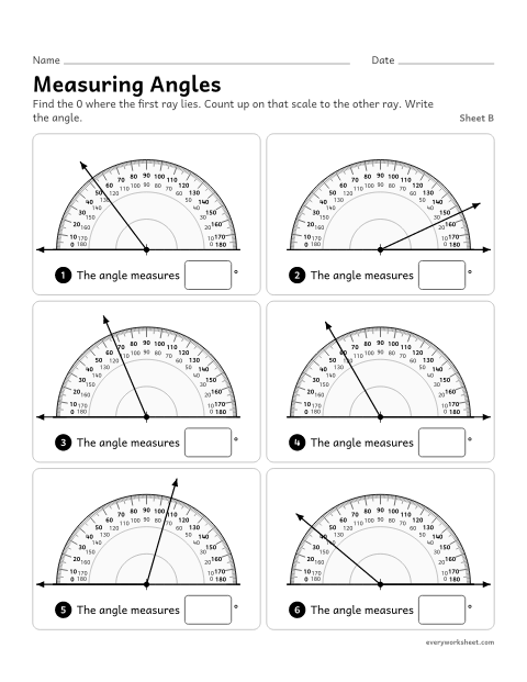 Preview of the printable “Measuring Angles, sheet B” worksheet: reading a protractor when the angle starts on the left or the right, choosing the right scale