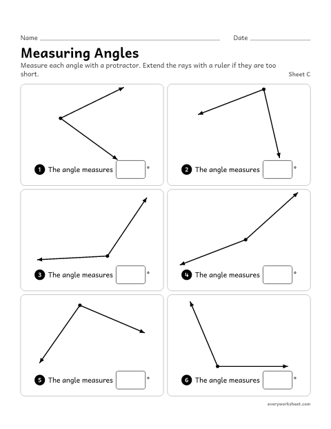 Preview of the printable “Measuring Angles, sheet C” worksheet: measuring turned angles to the nearest degree with your own protractor