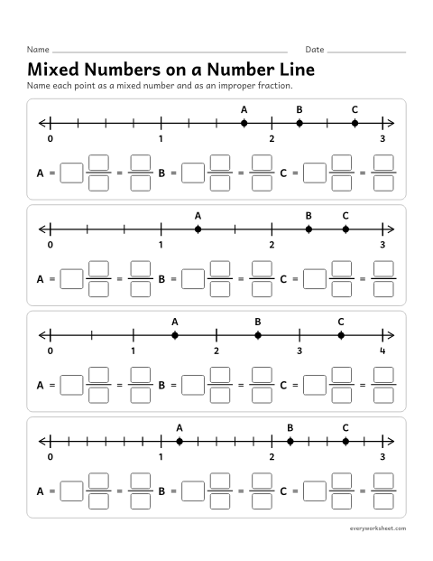 Preview of the printable “Mixed numbers on a number line” worksheet: naming points past 1 on a number line as mixed numbers and as improper fractions