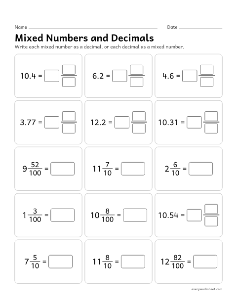 Preview of the printable “Mixed numbers and decimals” worksheet: writing mixed numbers with tenths and hundredths as decimals, and decimals greater than 1 as mixed numbers