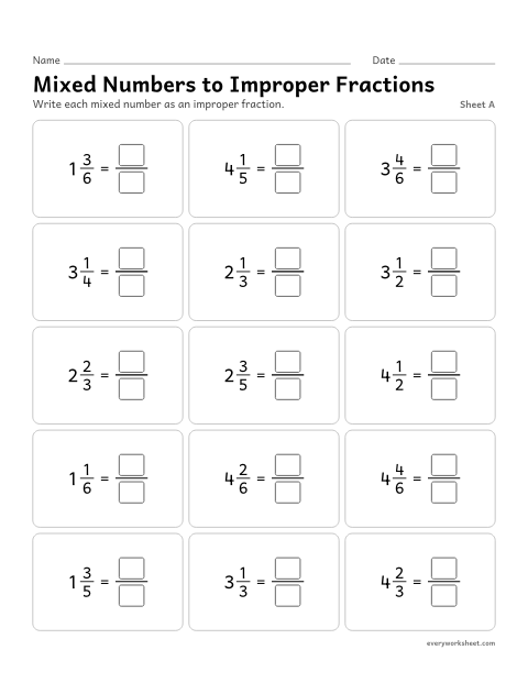Preview of the printable “Mixed numbers to improper Fractions, sheet A” worksheet: changing mixed numbers into improper fractions: wholes times the denominator, plus the numerator