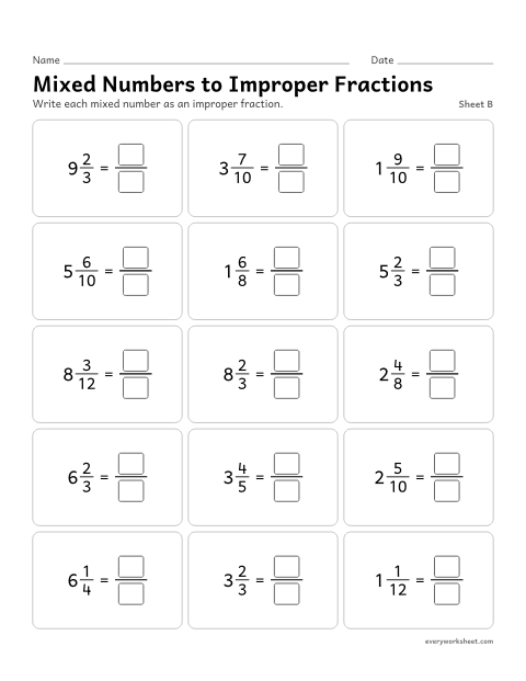 Preview of the printable “Mixed numbers to improper Fractions, sheet B” worksheet: changing mixed numbers with larger wholes into improper fractions