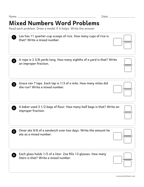 Preview of the printable “Mixed numbers word problems” worksheet: solving word problems by changing between mixed numbers and improper fractions
