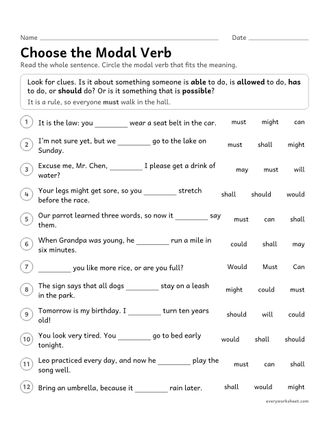 Preview of the printable “Choose the modal verb” worksheet: choosing the modal verb that fits the meaning of a sentence