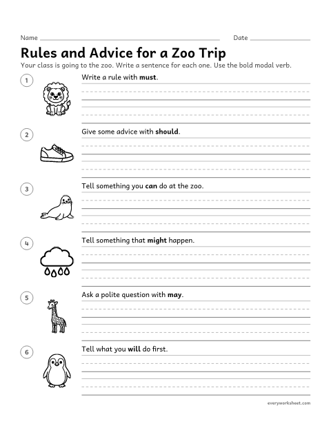 Preview of the printable “Rules and advice for a zoo trip” worksheet: writing sentences with modal verbs for ability, permission, possibility, necessity, and advice
