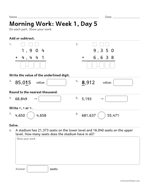 Preview of the printable “Morning Work: week 1, day 5” worksheet: mixed 4th grade math review