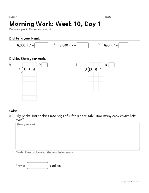 Preview of the printable “Morning Work: week 10, day 1” worksheet: mixed 4th grade math review