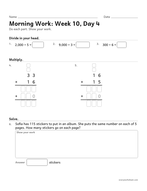 Preview of the printable “Morning Work: week 10, day 4” worksheet: mixed 4th grade math review