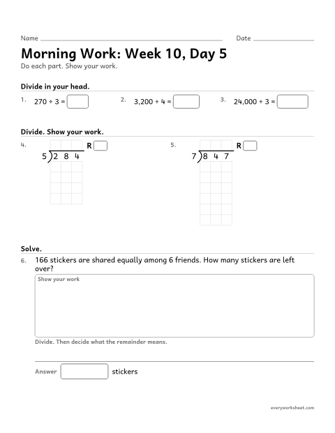 Preview of the printable “Morning Work: week 10, day 5” worksheet: mixed 4th grade math review