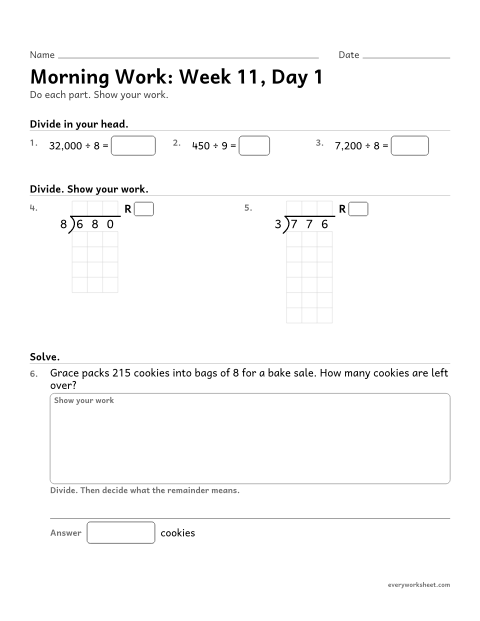 Preview of the printable “Morning Work: week 11, day 1” worksheet: mixed 4th grade math review